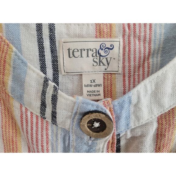 TERRA & SKY Plus 1X Tunic Tank Top Linen Blend Buttons Striped 1" Straps 44" - Picture 3 of 6